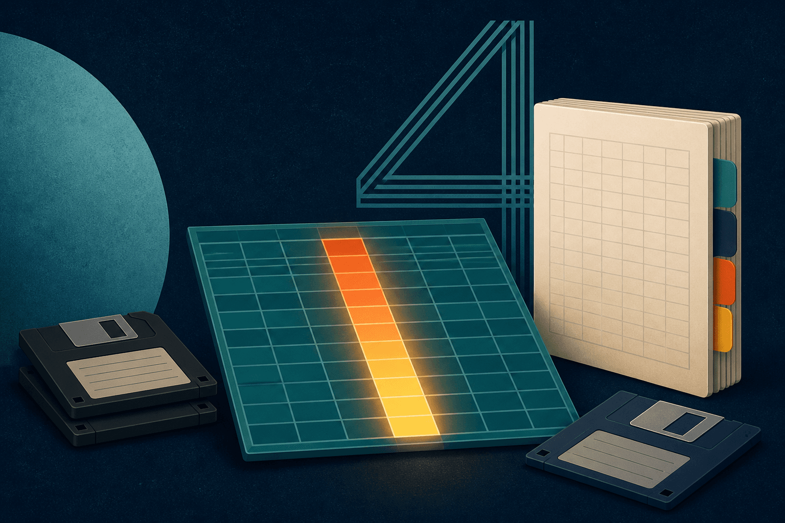 Navy and teal vector illustration of a highlighted spreadsheet grid, tabbed notebook, floppy disks, and an abstract numeral 4