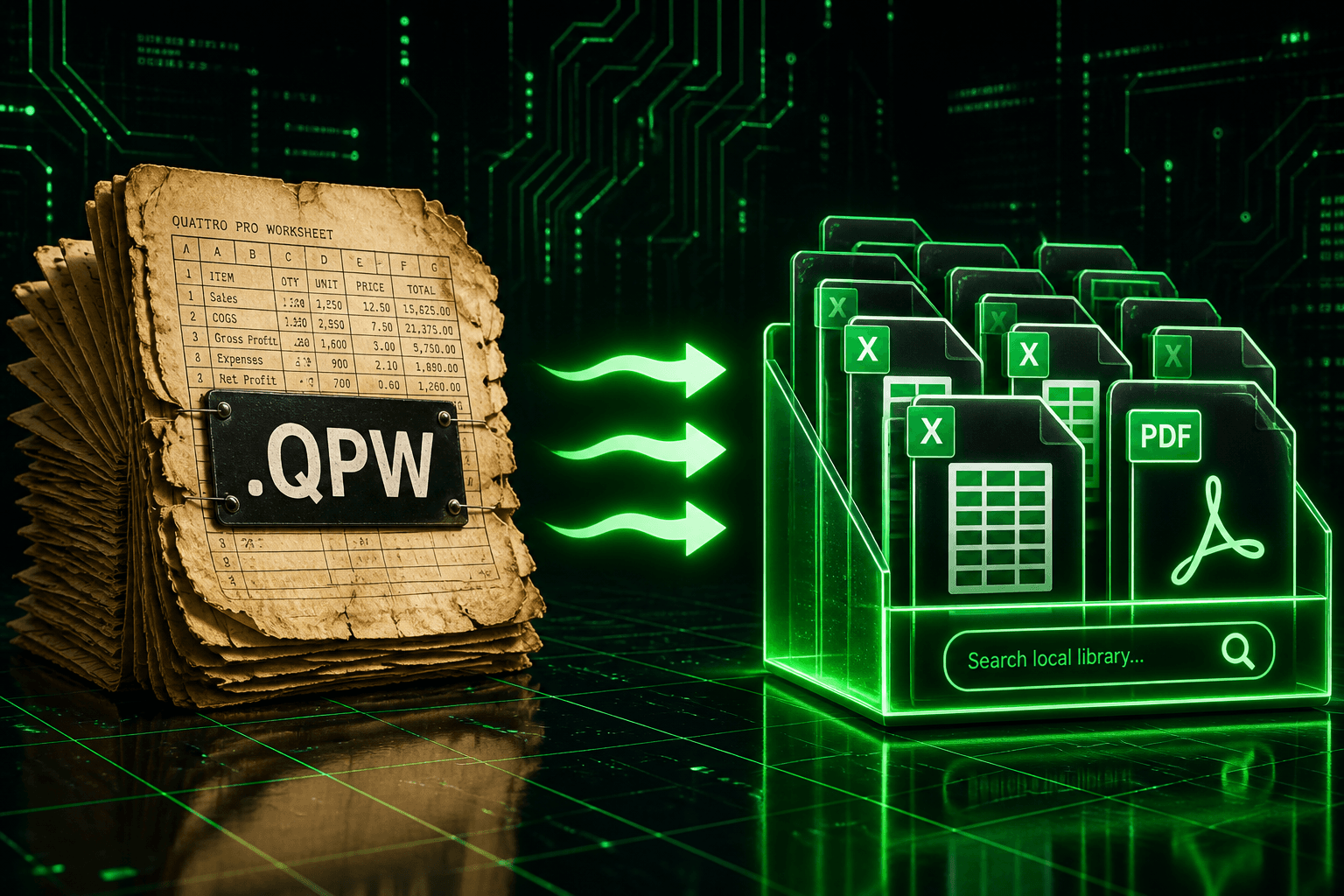 A stack of Quattro Pro .qpw workbooks converting into a searchable local library of spreadsheets and PDF files