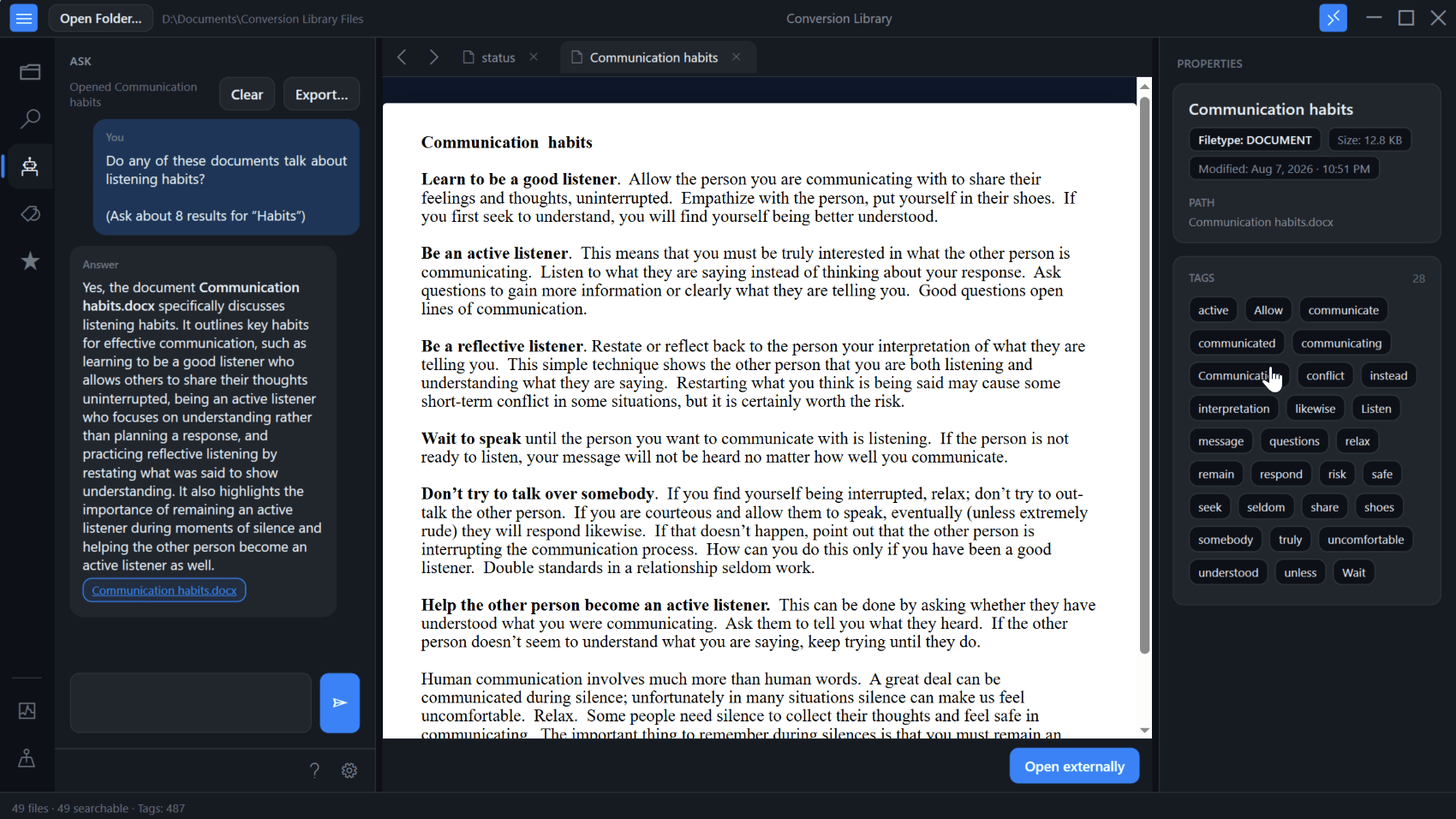 Conversion Library forhåndsviser en konverteret fil med tags i egenskabsruden Conversion Library forhåndsviser en konverteret fil med tags i egenskabsruden